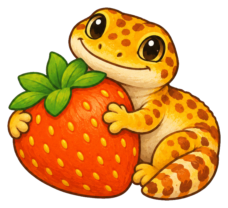Cute leopard gecko hugging a large strawberry with a smiling expression.