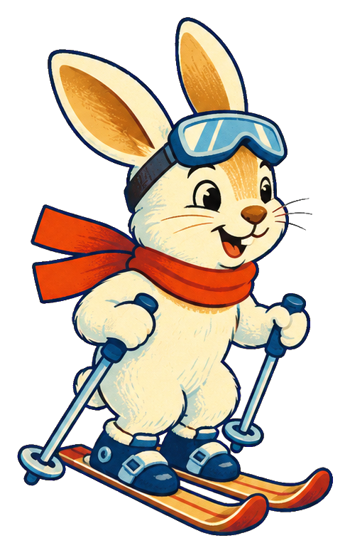 Cute bunny wearing goggles and scarf skiing with poles.