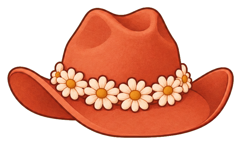 Orange cowgirl hat with a daisy flower band and transparent background