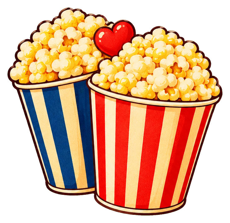 Two striped popcorn buckets topped with a red heart sticker.