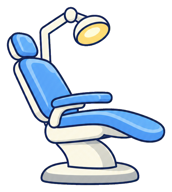 Cartoon dental chair with headrest, armrests, and adjustable lamp.