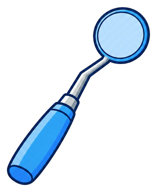 Dental mirror tool sticker graphic with a blue handle and round mirror head.