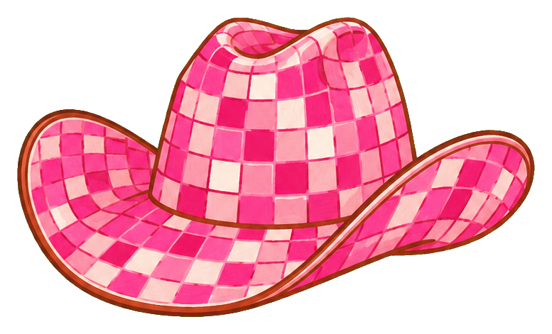 Pink checkered disco cowgirl hat with a wide brim and gold outline