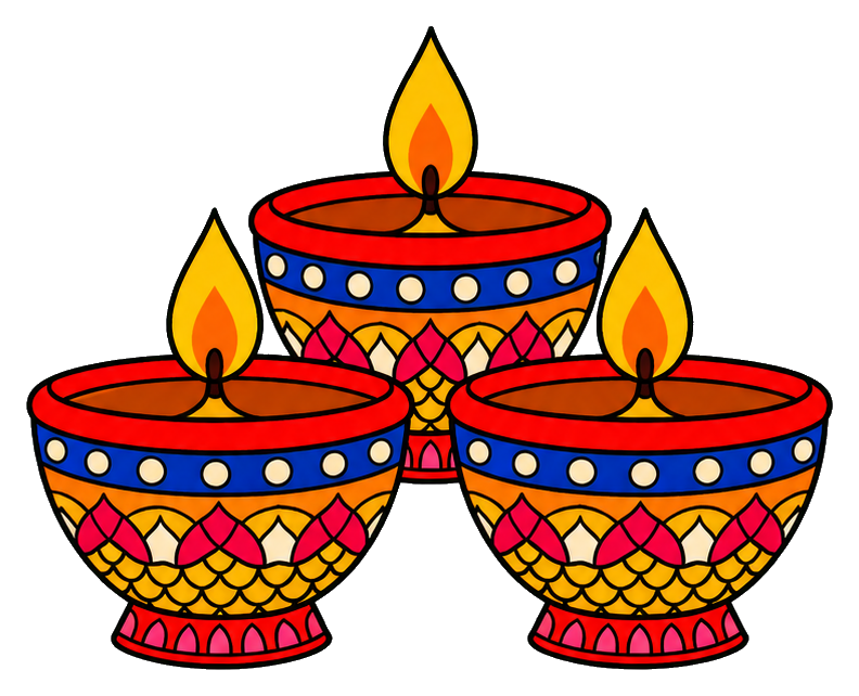 Three decorated clay diyas with flames in a colorful festive design
