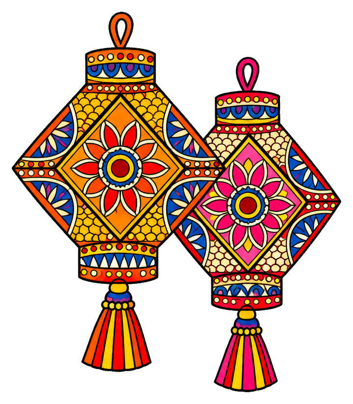 Two colorful hanging Diwali lanterns with folk art patterns and tassels