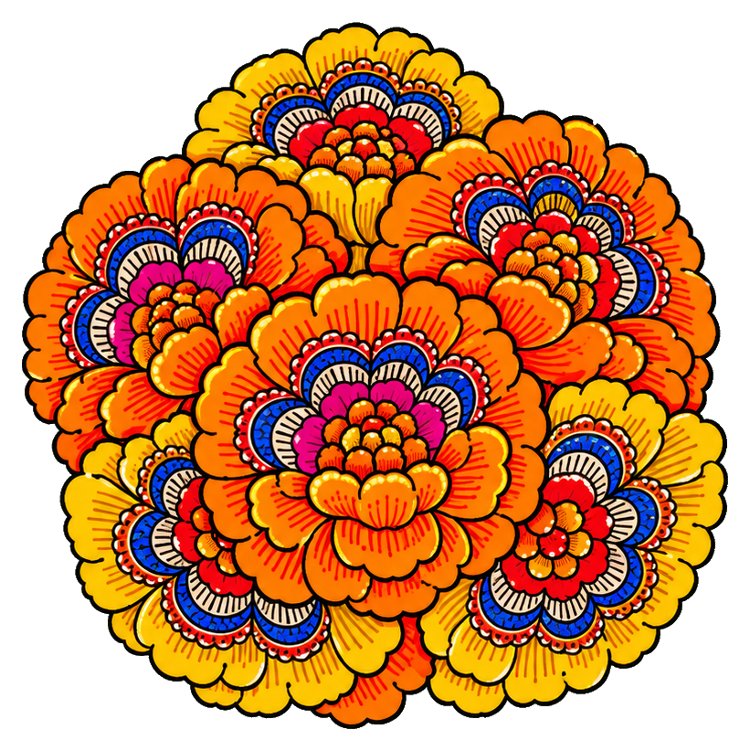 Colorful circular marigold flower bunch in bright orange, yellow, and blue folk-art style