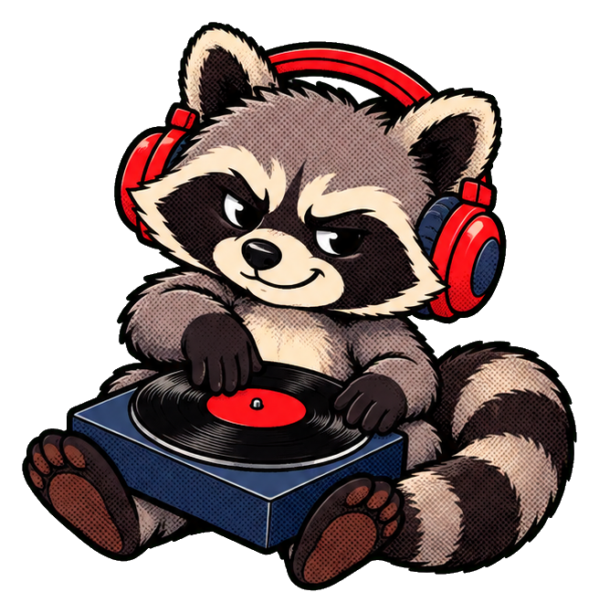 Cartoon raccoon wearing red headphones and spinning a record on a turntable.