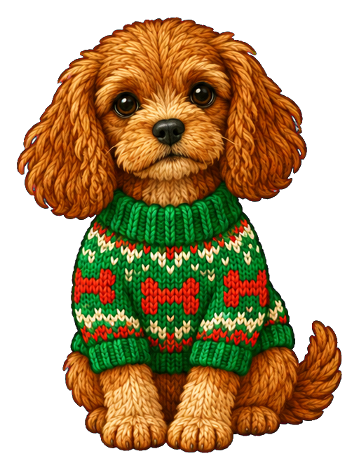 A fluffy brown dog wearing a green and red ugly Christmas sweater