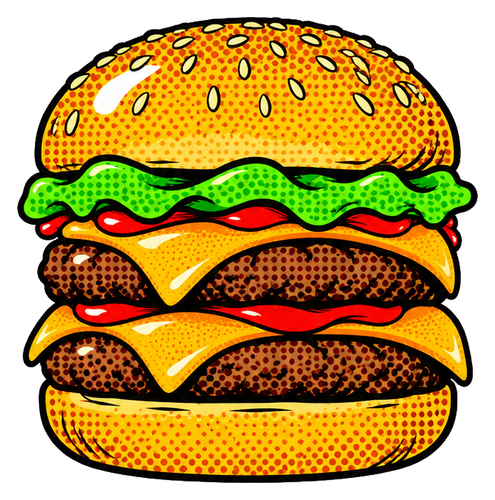 Pop art style double stacked burger with sesame bun, cheese, lettuce, and patties.