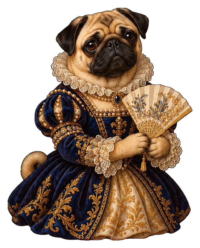 A pug dressed as a duchess holding a decorative fan