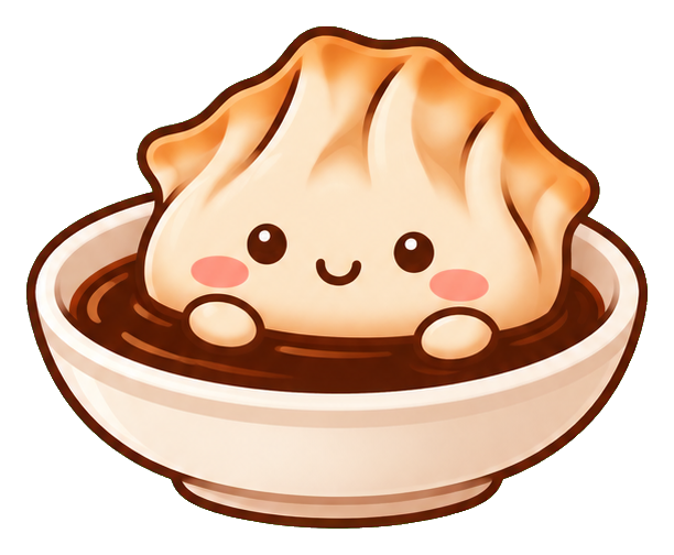 Cute smiling dumpling sitting in a bowl of soy sauce.