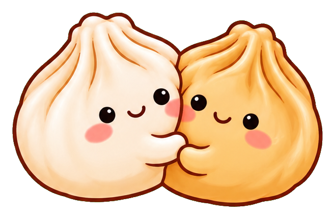 Two cute smiling dumpling characters touching cheeks together