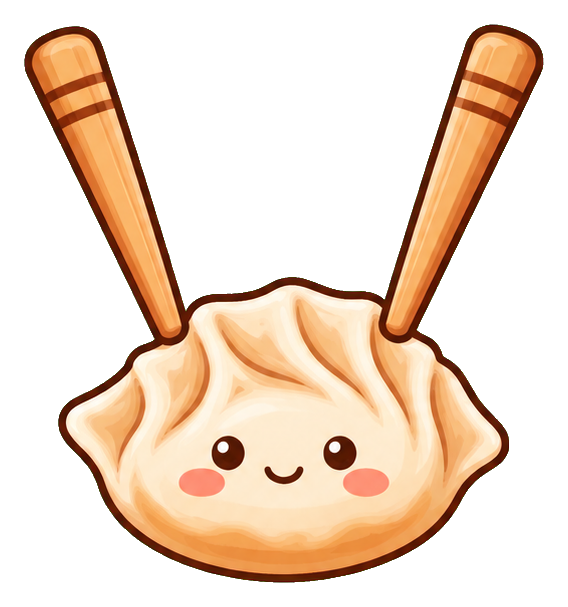 Cute dumpling with a smiling face held by two chopsticks.