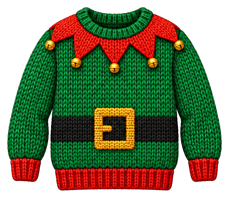 Green knit elf costume sweater with red trim and a gold belt buckle.