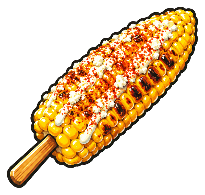 Seasoned elote corn on a stick with bright corn kernels and spices