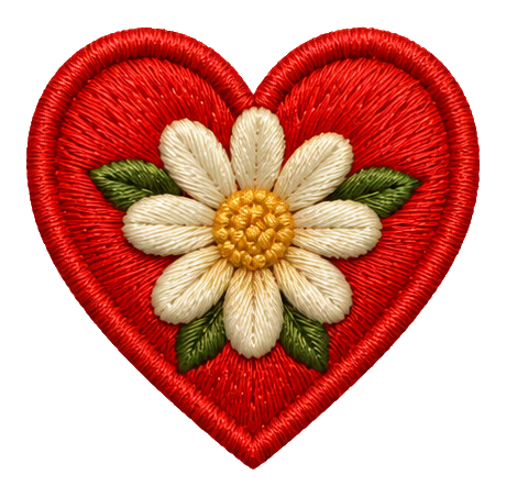 Embroidered red heart with white flower petals and green leaves