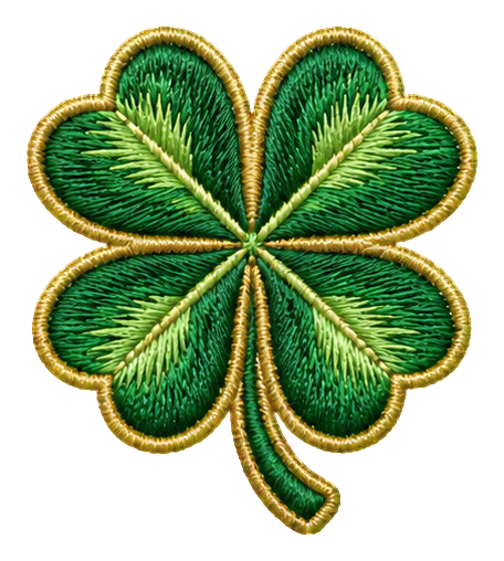 Green embroidered four leaf clover sticker with gold outline