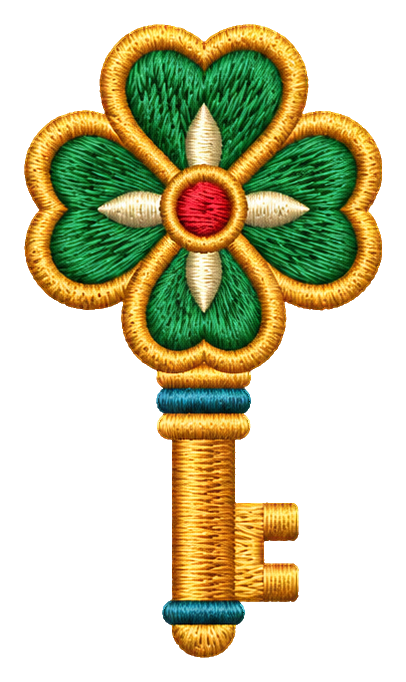 Embroidered green clover-shaped key charm with gold outline and red center