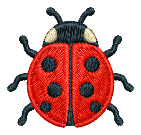 Embroidered red ladybug sticker with black spots and small antennae