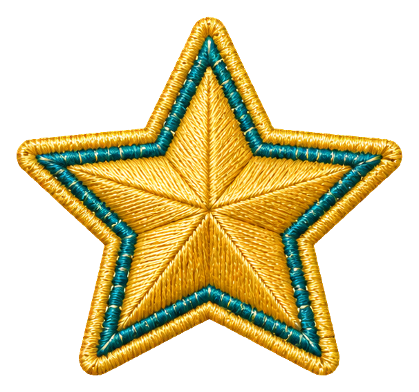 Golden embroidered star sticker with teal stitched outline