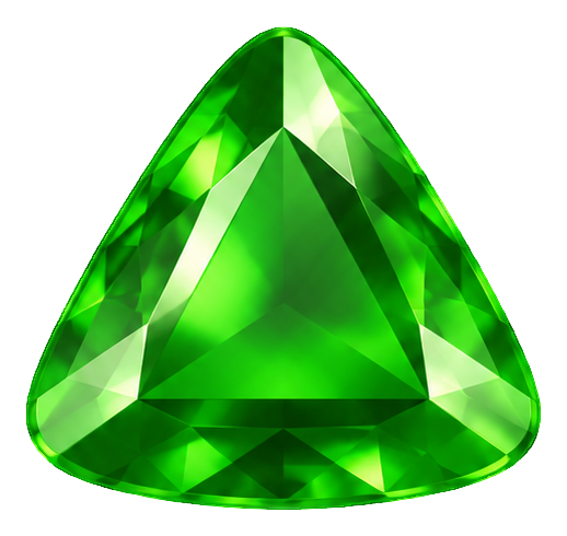 Shiny green triangular emerald gem with faceted 3D cartoon style
