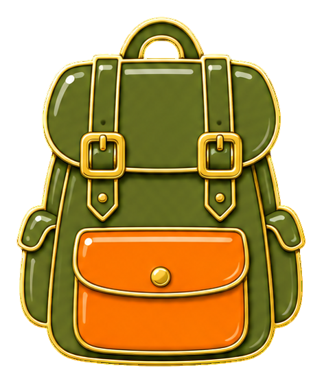 Green camping backpack sticker with an orange front pocket and gold outline