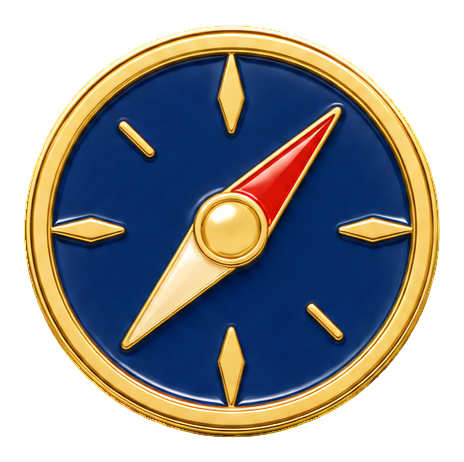Blue enamel-style compass sticker with gold accents and a red needle