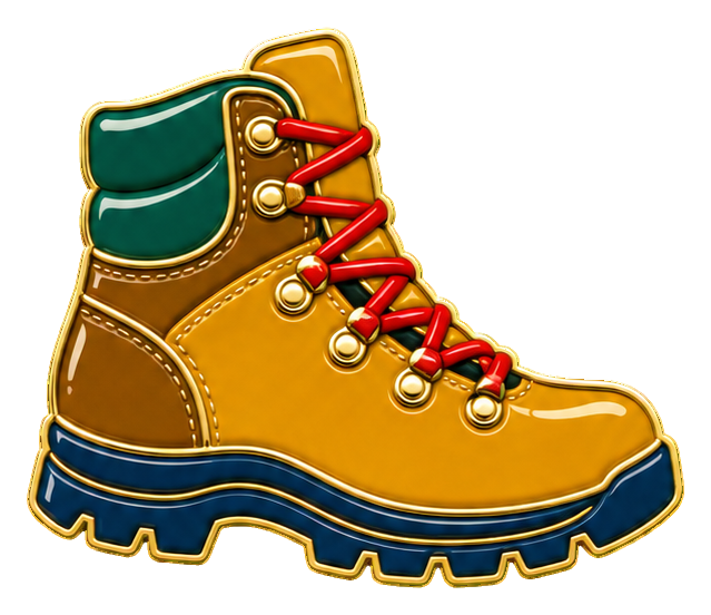 Yellow and green hiking boot with red laces in enamel pin style