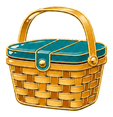 Yellow woven picnic basket with blue lid and gold handle, styled like an enamel camping sticker.
