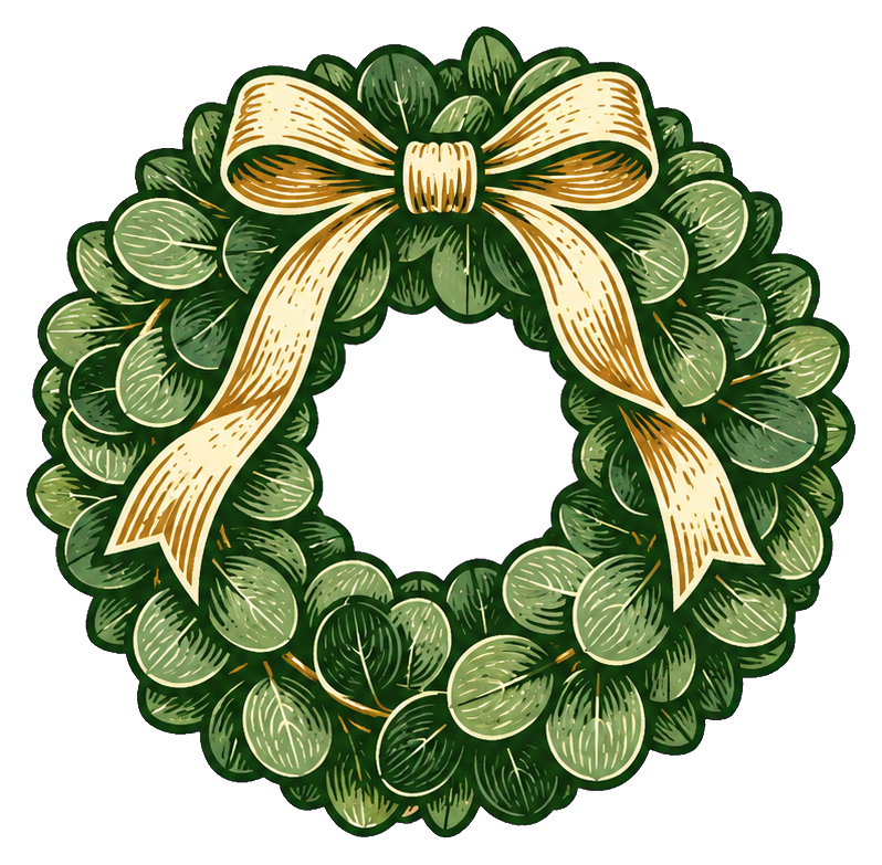 Eucalyptus wreath with a ribbon bow in a linocut style