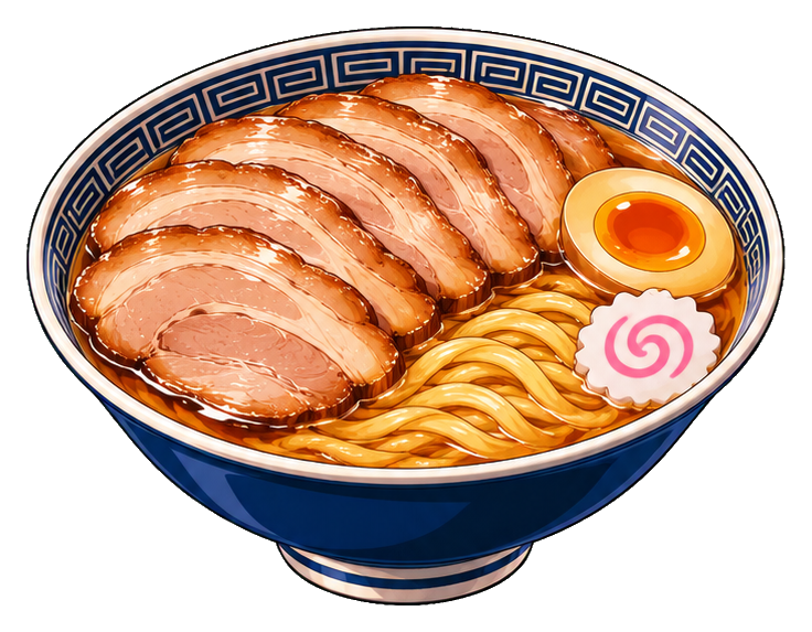 Bowl of roast pork ramen with noodles and toppings in a sticker cutout.