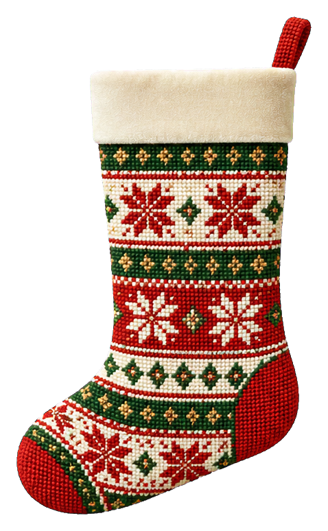 Red and cream Christmas stocking with green Fair Isle snowflake pattern