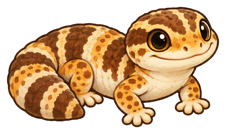 Cute brown fat-tailed gecko sticker with a smiling face and spotted body
