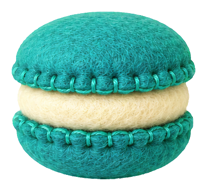 Teal felt-style macaron with stitched edges and a cream filling