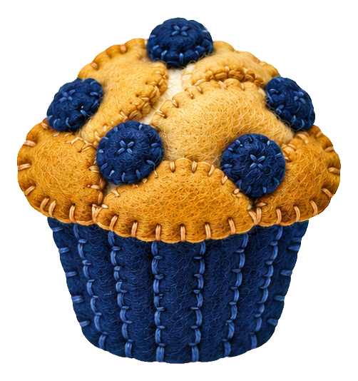 Felt-style blueberry muffin with blue berries on top and a dark blue wrapper