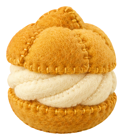 A felt-style cream puff with golden pastry and creamy filling