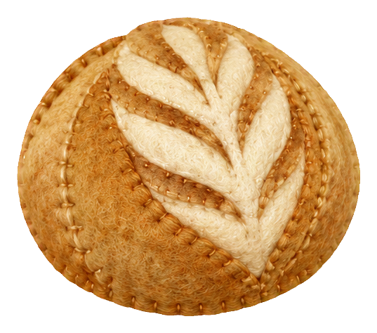 Round felt-style sourdough loaf with stitched edge and leaf pattern on top