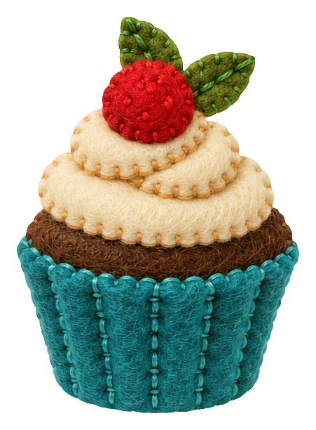 Felt-style strawberry cupcake with green leaves and teal wrapper