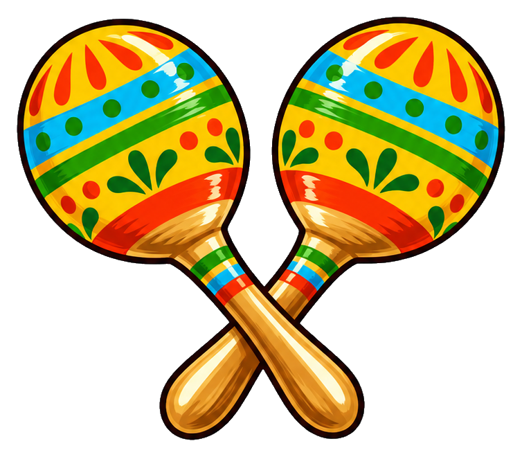 Two colorful crossed maracas with festive patterns