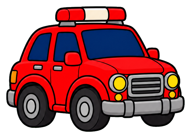 Red fire chief car with lights, grille, and firefighter details in a cartoon style.