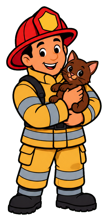 Cartoon firefighter in helmet holding a kitten with a friendly smile.