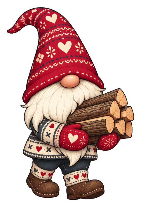 Red-hatted gnome carrying a bundle of firewood.