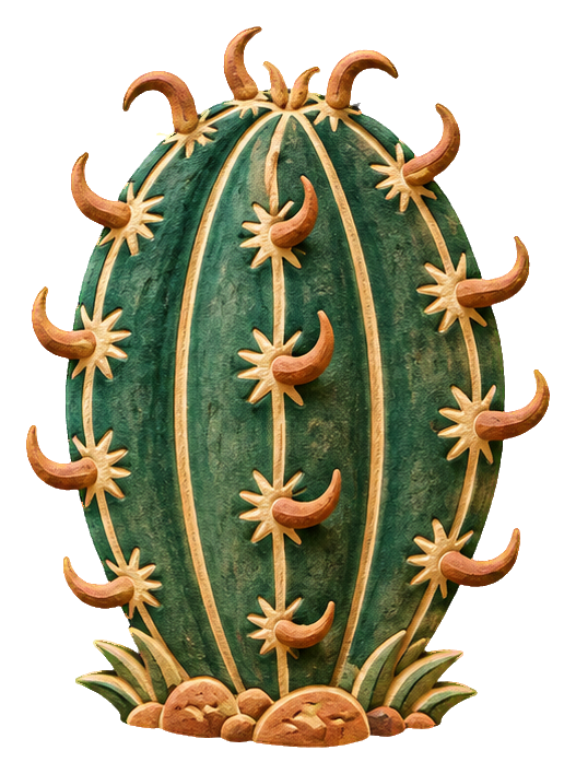 Green fishhook cactus with orange curved spines in a desert-style sticker graphic