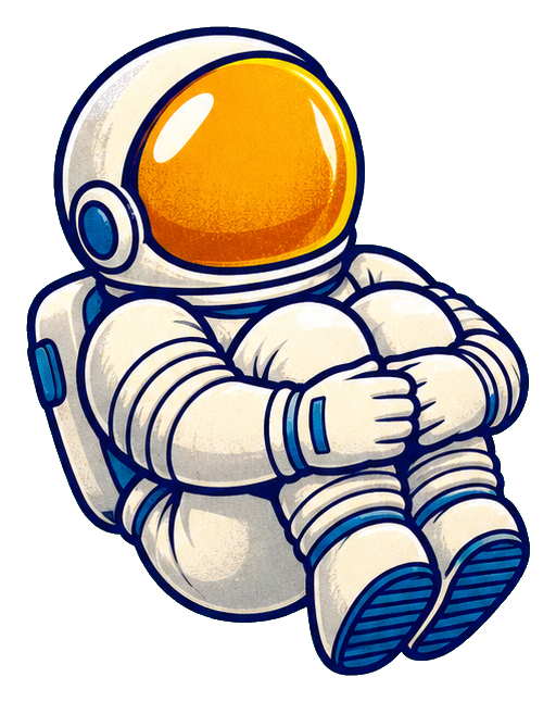 Retro astronaut floating in space with arms crossed and blue boots