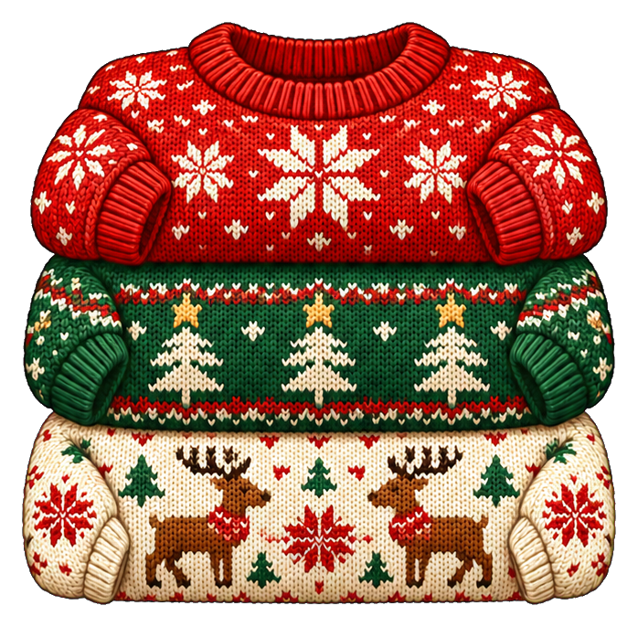Folded stack of colorful ugly sweaters with Christmas patterns and reindeer