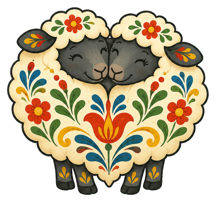Cute folk art sheep with a heart-shaped floral body and decorative flowers