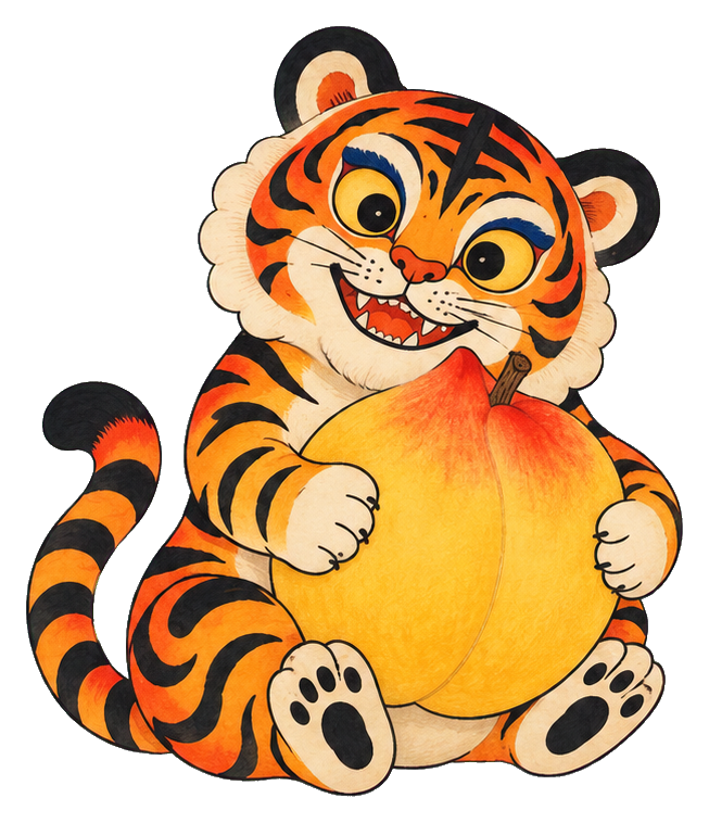 Cute folk art tiger holding a large peach and sitting down