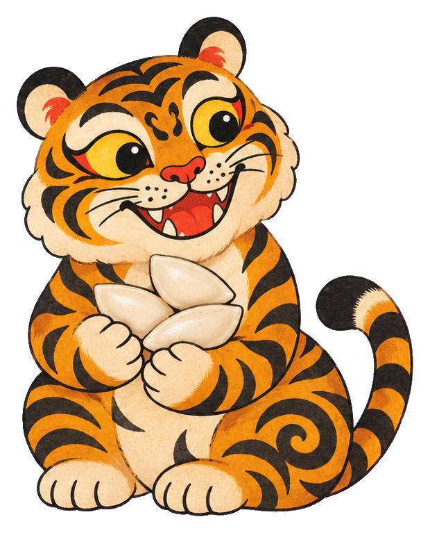 Cute folk-style tiger holding a plate of rice cake treats
