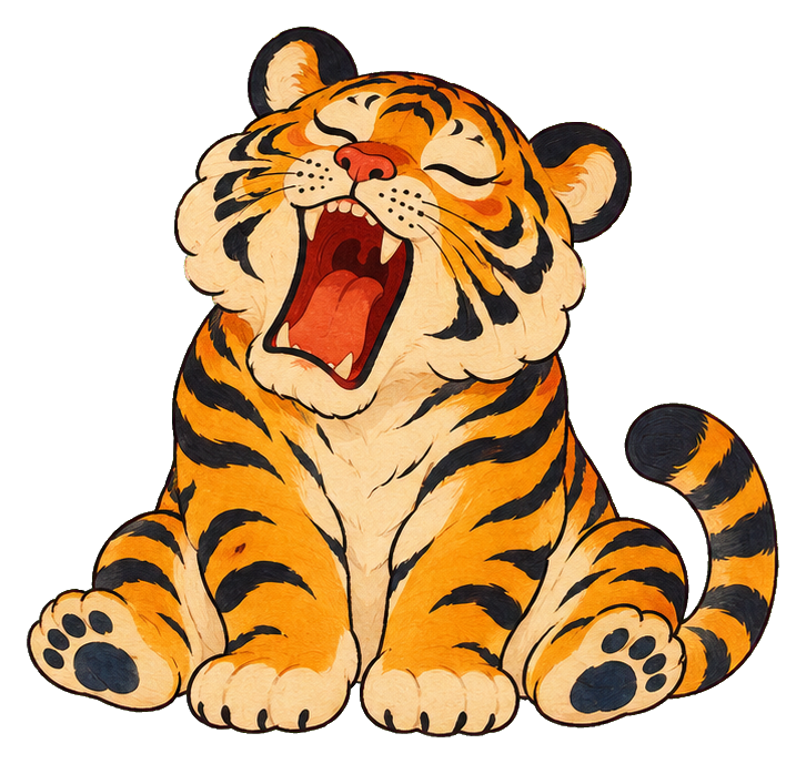 Cute folk-style tiger yawning with eyes closed and mouth wide open