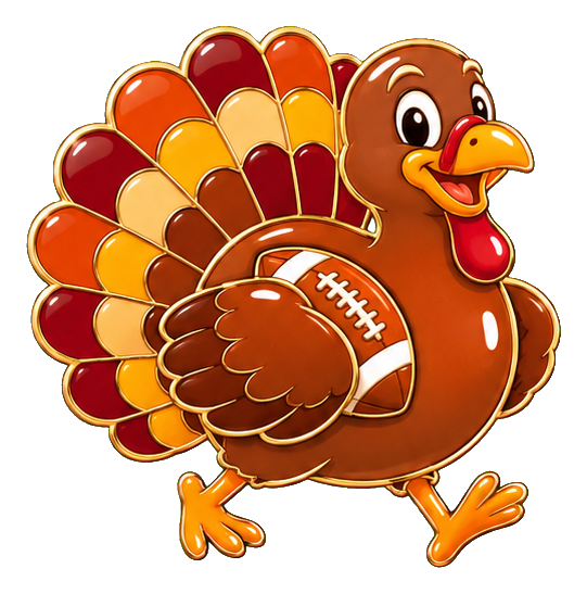 Cartoon turkey with a football body and autumn tail feathers